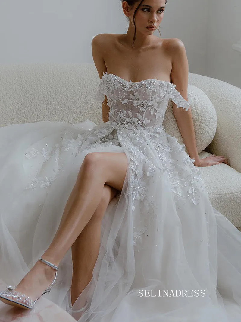 A-line Off-the-shoulder Applique Beaded Wedding Dress Rustic Wedding Gown KTC027