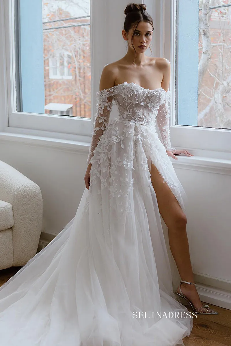 A-line Off-the-shoulder Applique Beaded Wedding Dress Rustic Wedding Gown KTC027