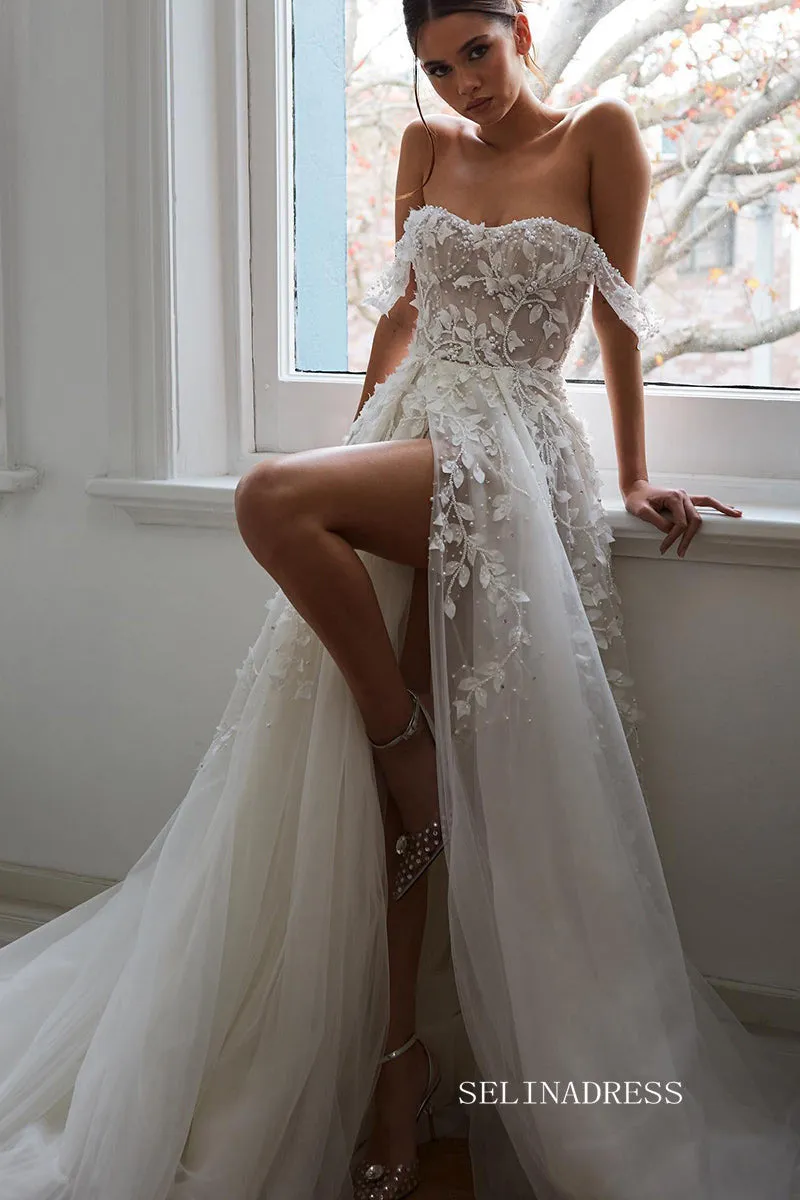 A-line Off-the-shoulder Applique Beaded Wedding Dress Rustic Wedding Gown KTC027