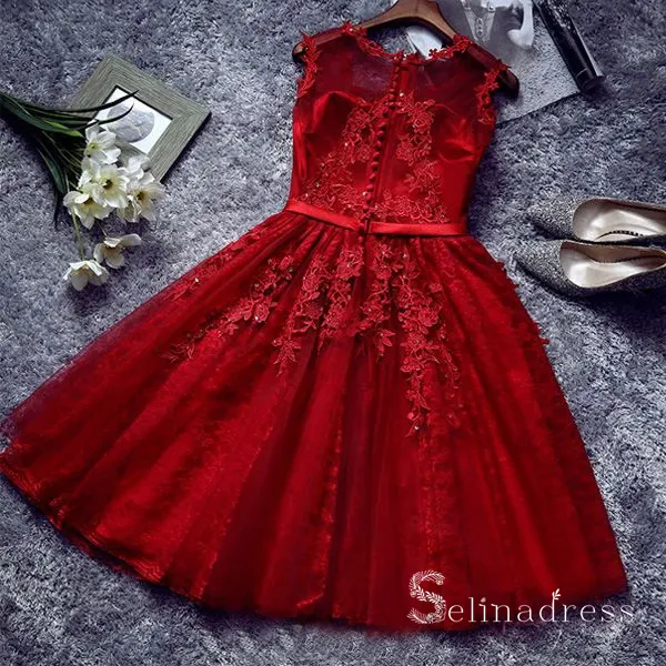 A-Line Scoop Burgundy Applique Lace Short Prom Dress Homecoming Dress MHL051