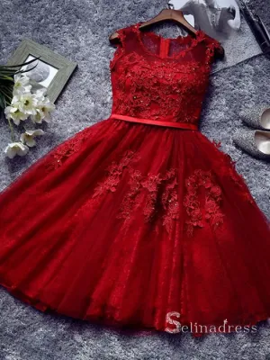 A-Line Scoop Burgundy Applique Lace Short Prom Dress Homecoming Dress MHL051