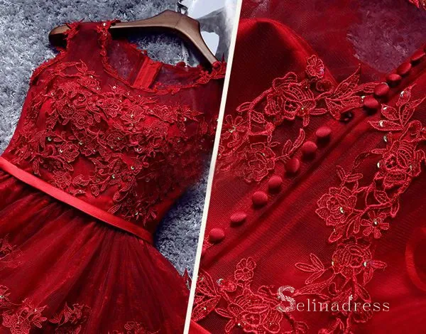 A-Line Scoop Burgundy Applique Lace Short Prom Dress Homecoming Dress MHL051