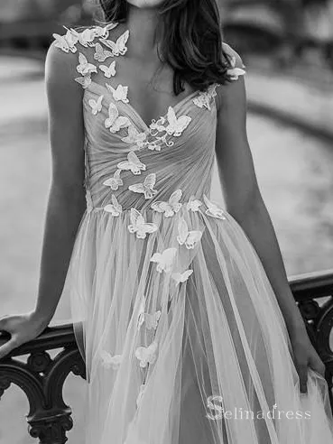 A-line Scoop Neck See Through Open Back Wedding Dresses With Butterfly Rustic Bridal Gowns CBD517