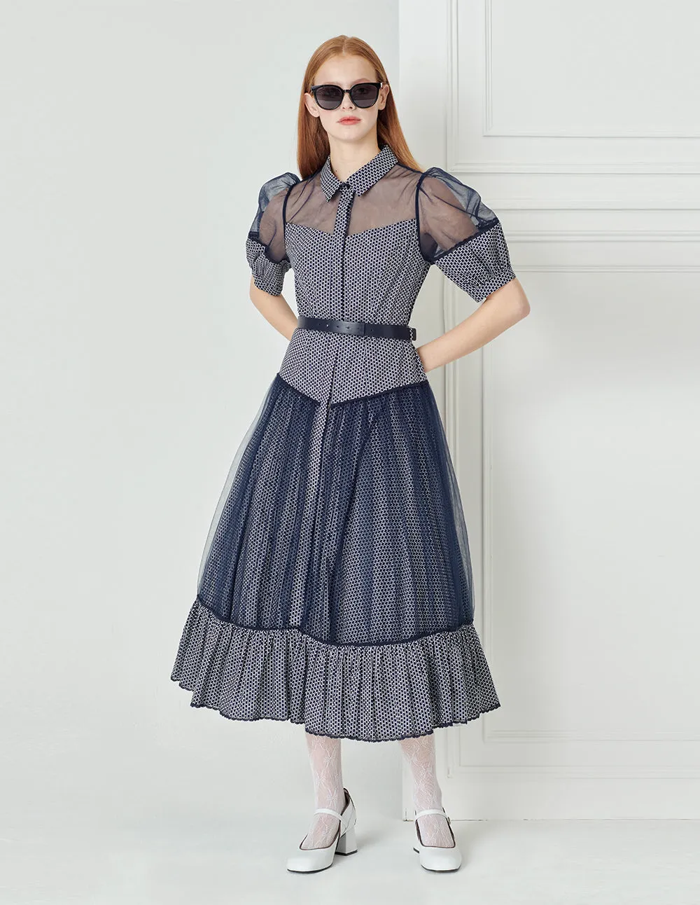 BORA AKSU French Mesh Panelled Pleated Dress