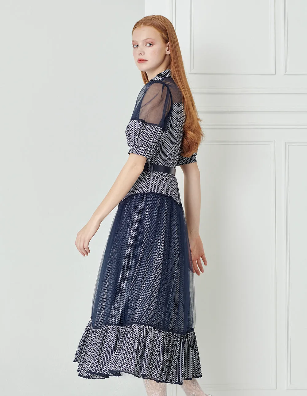 BORA AKSU French Mesh Panelled Pleated Dress