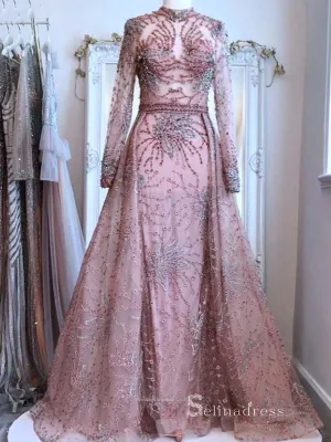 Chic A-line High Neck Long Sleeve luxury Pink Long Prom Dress Beaded Evening Gowns MLH0465