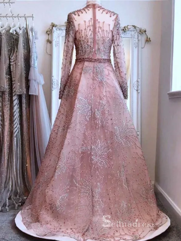 Chic A-line High Neck Long Sleeve luxury Pink Long Prom Dress Beaded Evening Gowns MLH0465