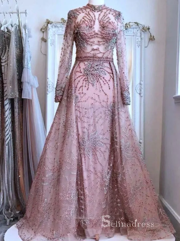 Chic A-line High Neck Long Sleeve luxury Pink Long Prom Dress Beaded Evening Gowns MLH0465