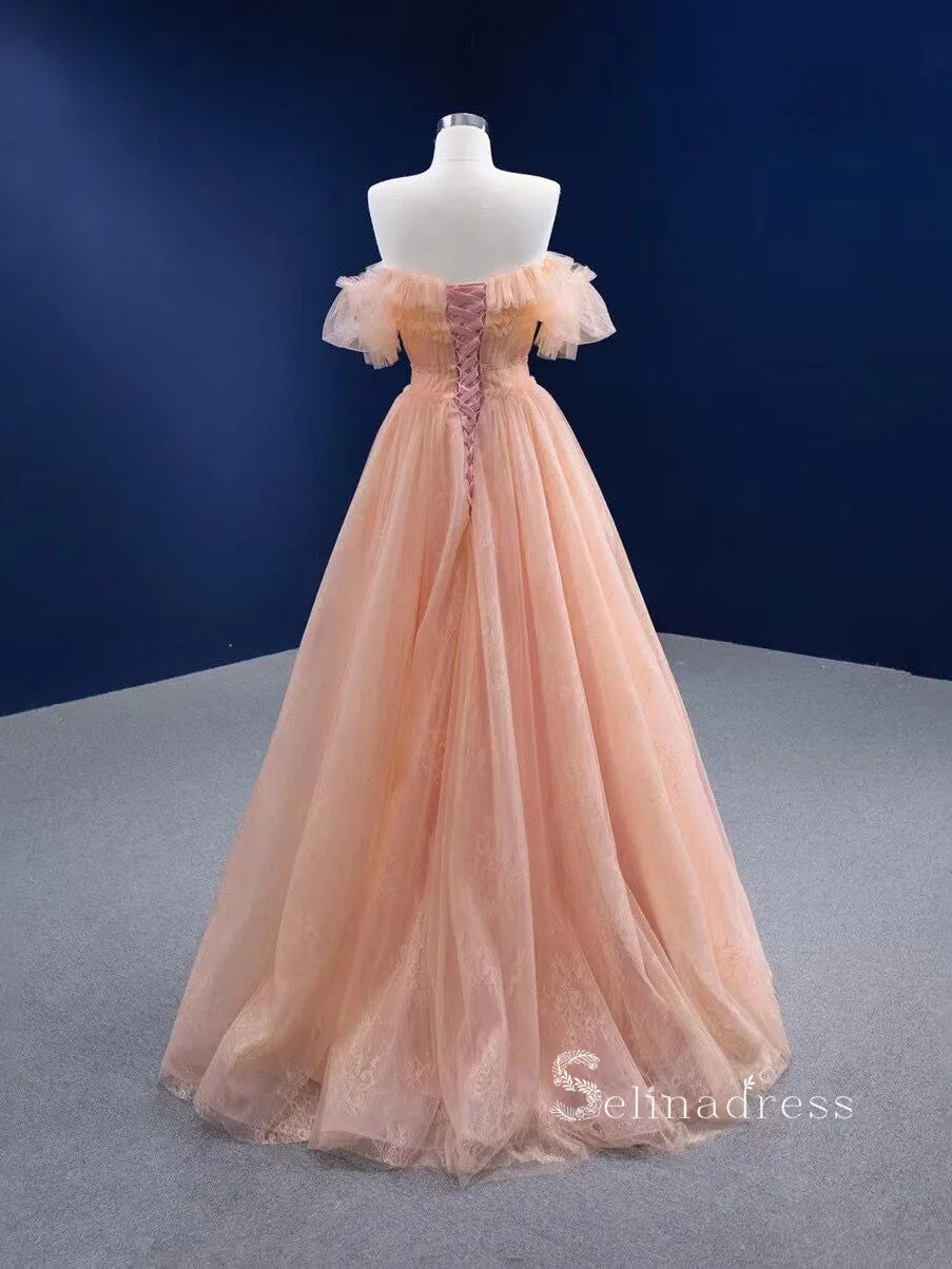 Chic Ball Gown luxury Princess Long Prom Dress Strapless Peach Long Evening Gowns MLSD004