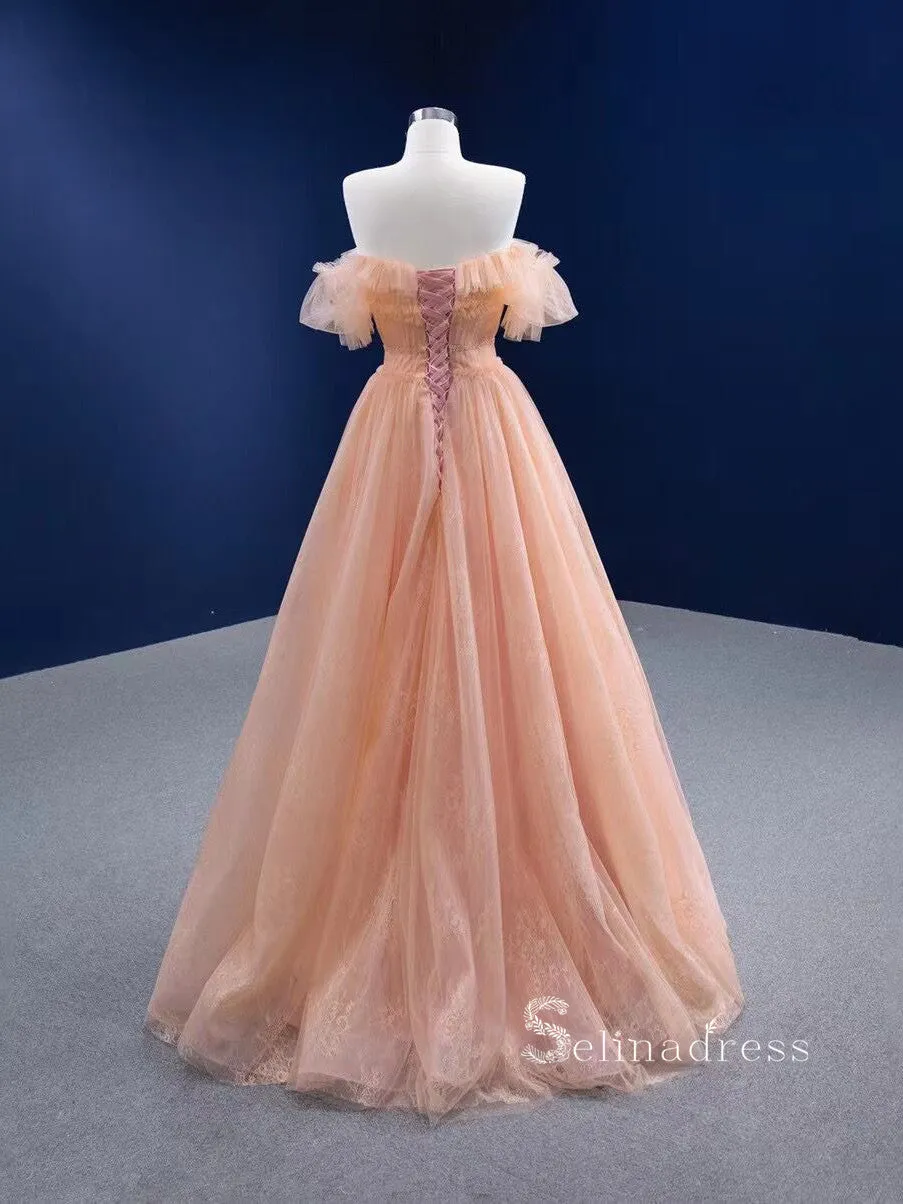 Chic Ball Gown luxury Princess Long Prom Dress Strapless Peach Long Evening Gowns MLSD004