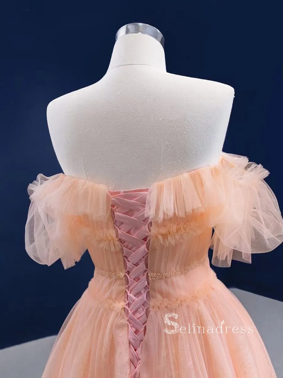 Chic Ball Gown luxury Princess Long Prom Dress Strapless Peach Long Evening Gowns MLSD004