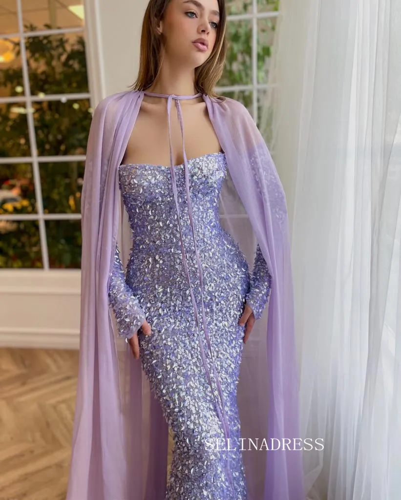 Chic Mermaid Sweetheart Lilac Long Prom Dresses Gorgeous Sparkly Sequins Evening Dresses jkw231