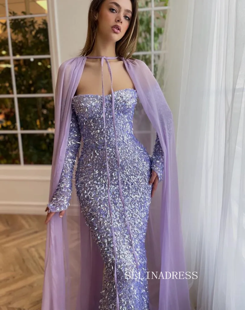 Chic Mermaid Sweetheart Lilac Long Prom Dresses Gorgeous Sparkly Sequins Evening Dresses jkw231