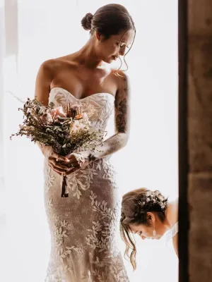 Chic Mermaid Sweetheart Sleeveless Rustic Lace Wedding Gowns Court Train Wedding Dresses MLH0501