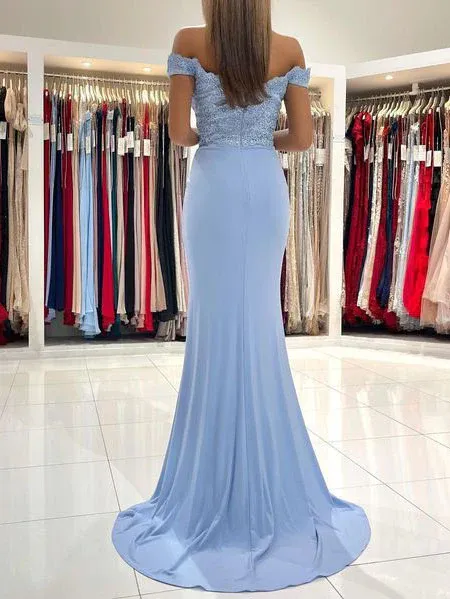 Chic Trumpet/Mermaid Off The Shoulder Light Sky Blue Lace Prom Dress Satin Evening Dress JKW219