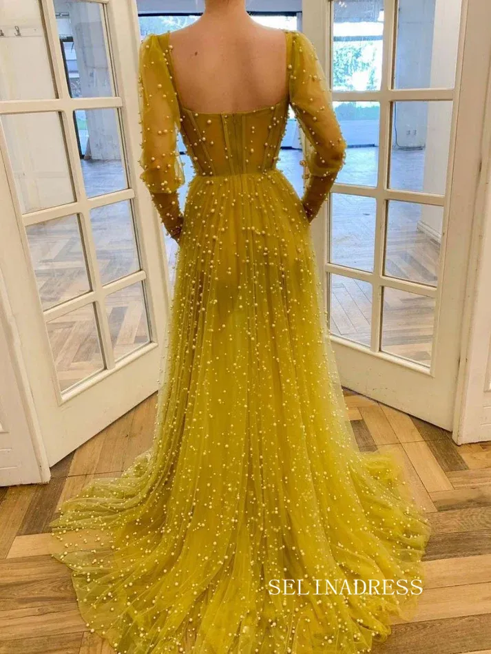 Chic Yellow Full Beaded Long Prom Dresses Elegant Long Sleeve Formal Evening Gowns SEW0190