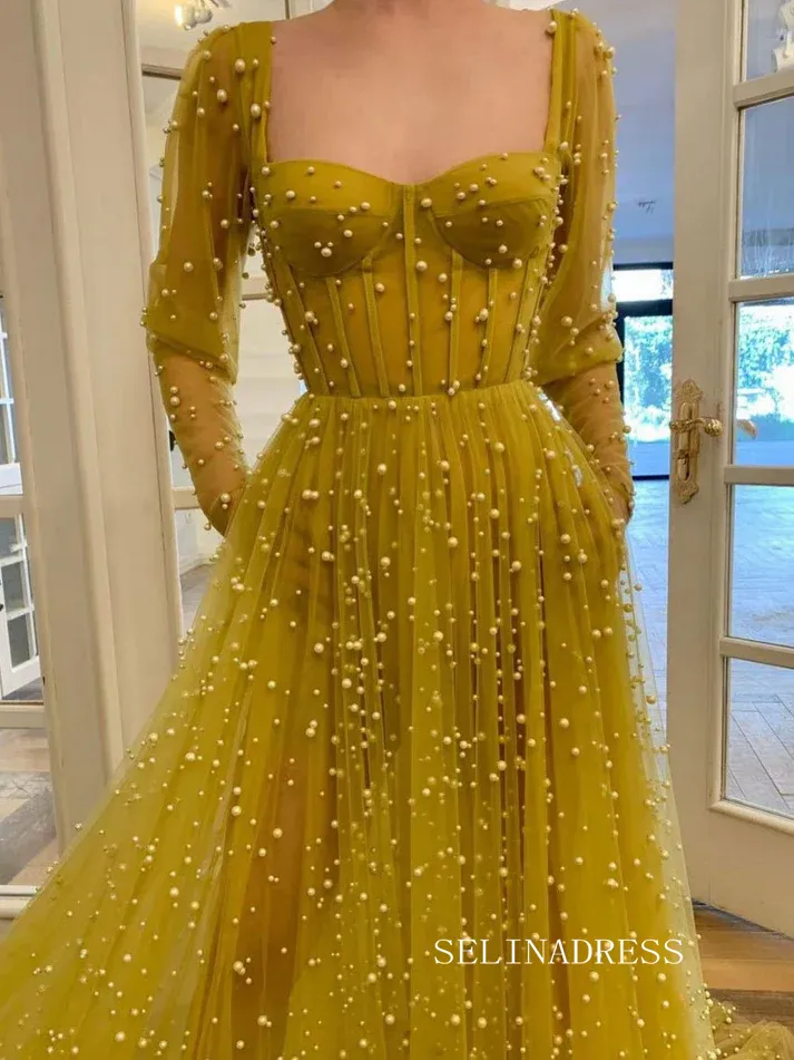 Chic Yellow Full Beaded Long Prom Dresses Elegant Long Sleeve Formal Evening Gowns SEW0190