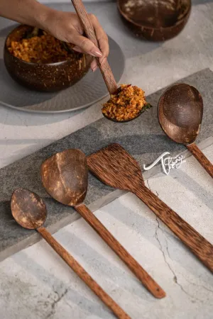 Coconut Shell Cooking Set (5 piece-1 Spatula,1 Large spoon,3 size Ladles)