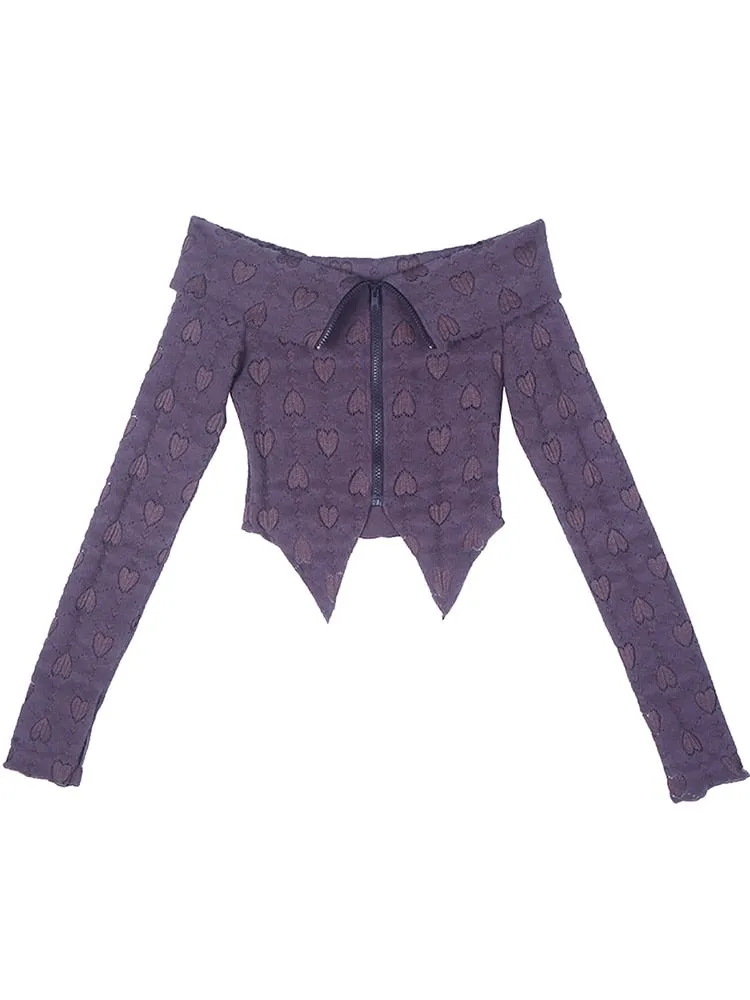 Colorblock Slimming Patchwork Zipper Casual T Shirts For Women Slash Neck Cold Shoulder Long Sleeve T Shirt Female