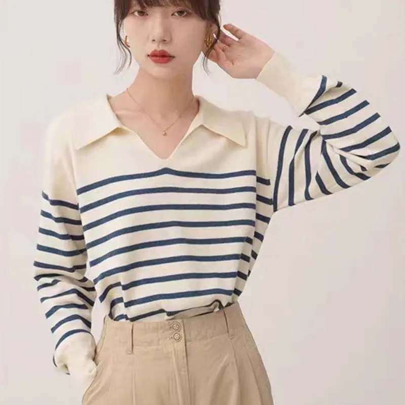 Designed Striped Women Sweater Pullover Korean V Neck Loose Jumper Long Sleeve Fall Office Ladies Blue Sweater