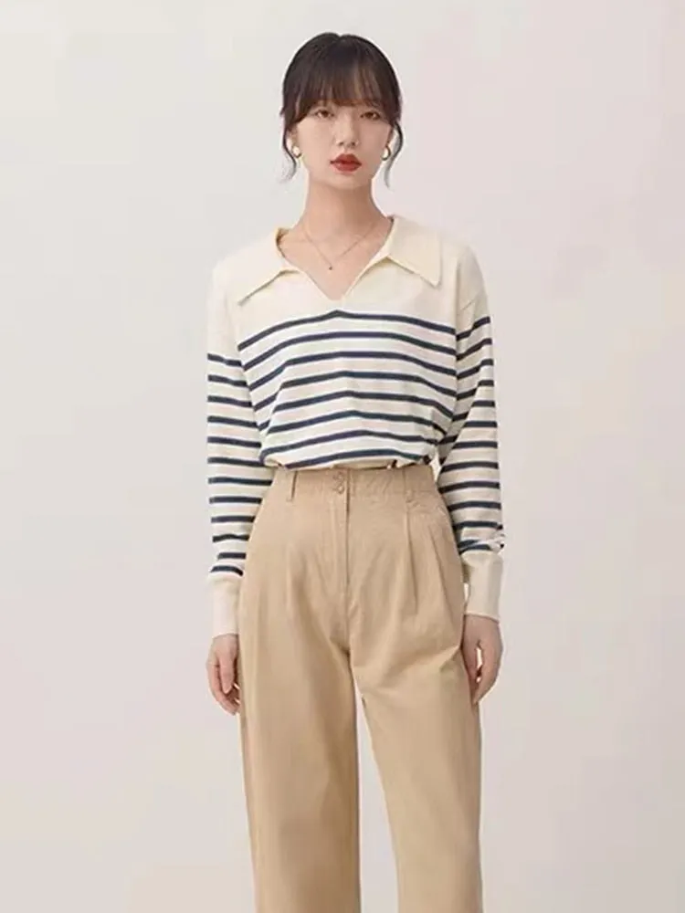 Designed Striped Women Sweater Pullover Korean V Neck Loose Jumper Long Sleeve Fall Office Ladies Blue Sweater