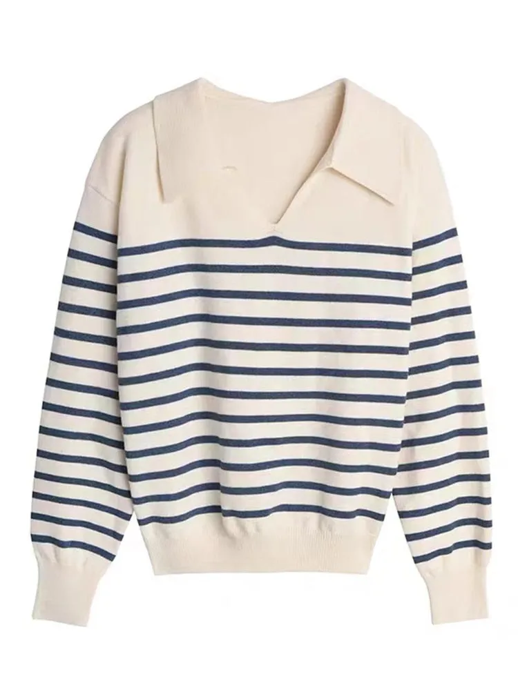 Designed Striped Women Sweater Pullover Korean V Neck Loose Jumper Long Sleeve Fall Office Ladies Blue Sweater