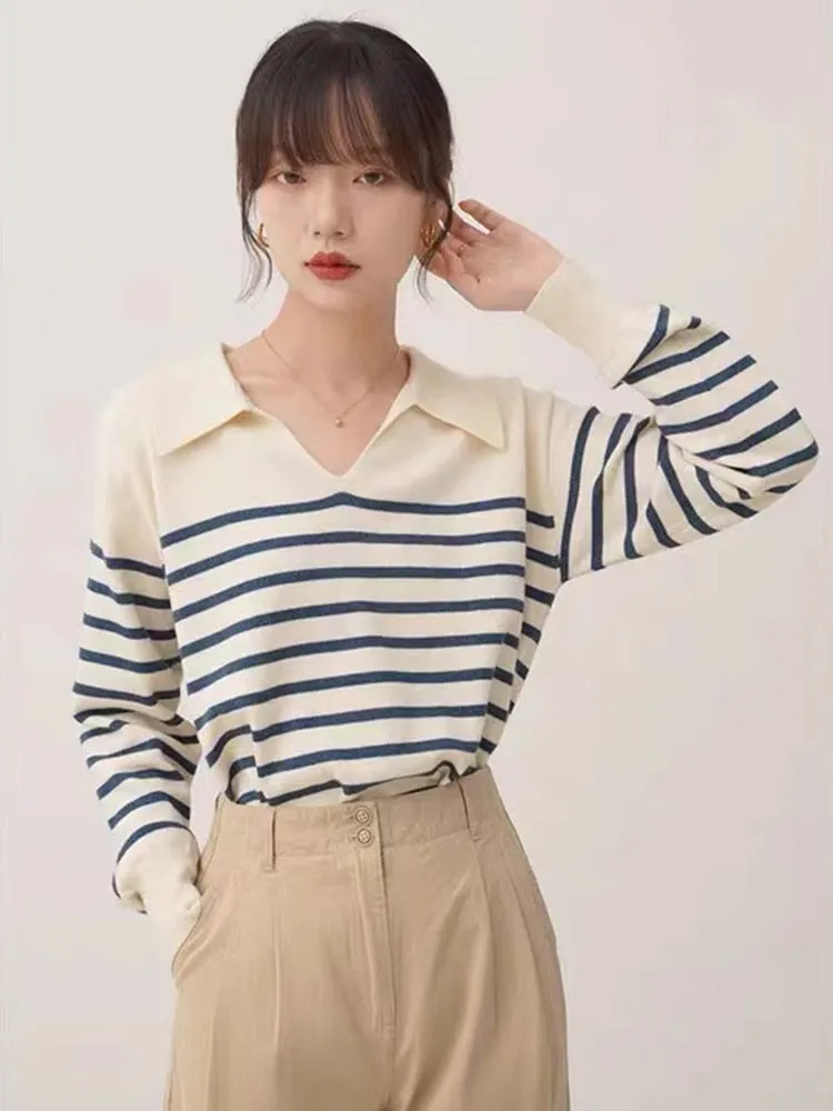 Designed Striped Women Sweater Pullover Korean V Neck Loose Jumper Long Sleeve Fall Office Ladies Blue Sweater