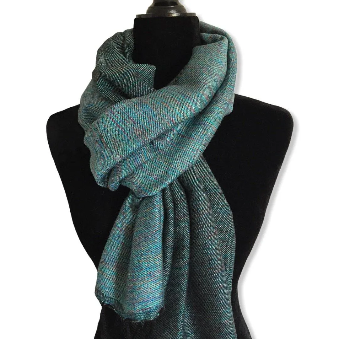 Double-faced Diagonal Handwoven Scarf - Variegated Turquoise