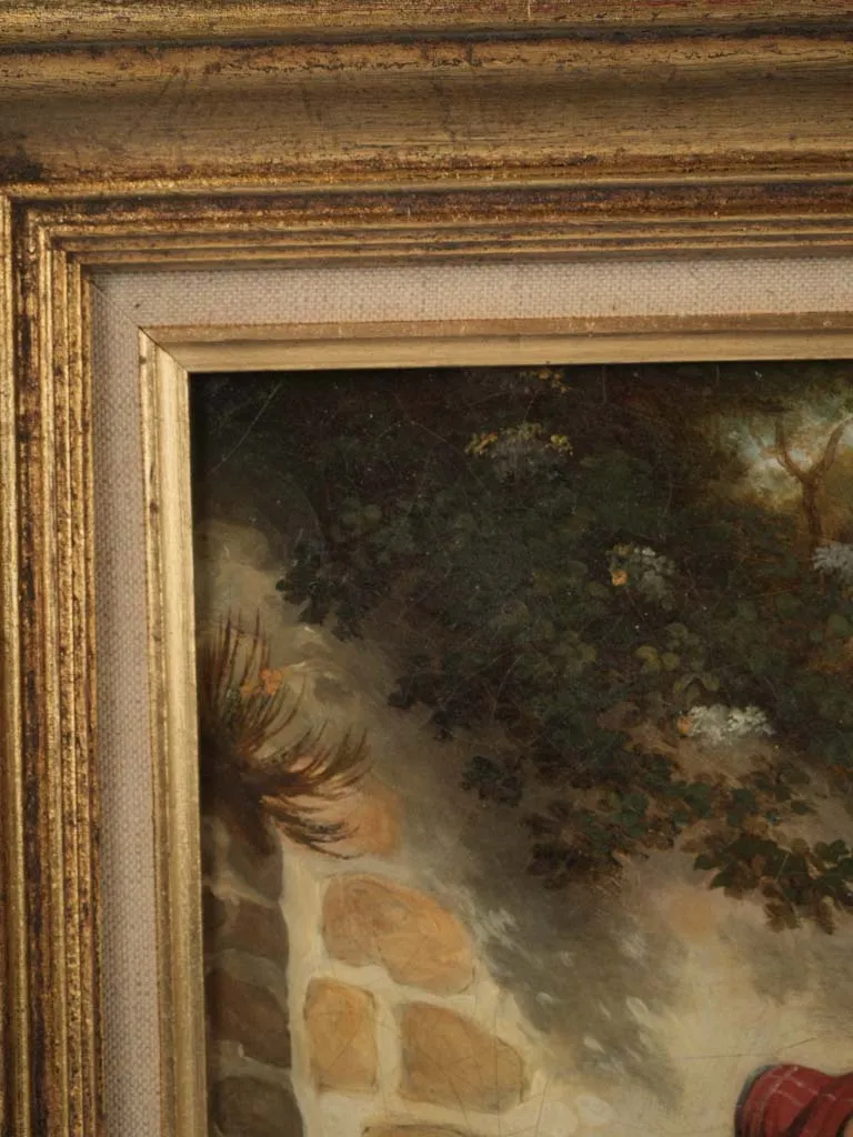 Early 19th-century rural painting - lady w/ child, donkey & dog 22½ x 19¼""