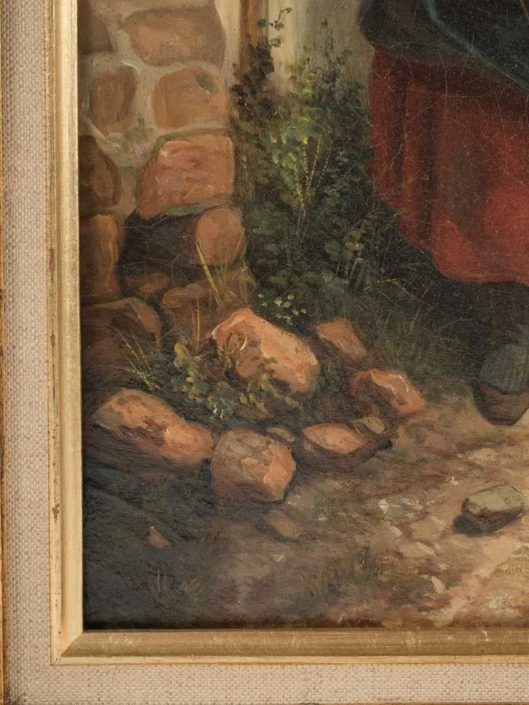 Early 19th-century rural painting - lady w/ child, donkey & dog 22½ x 19¼""