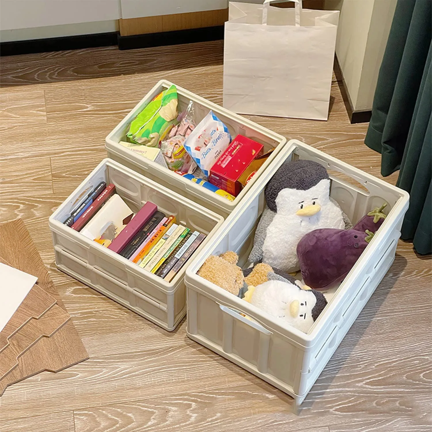 Foldable Storage Bin with Wood Lids