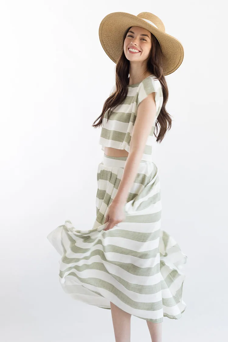 Green and White Linen Stripe Skirt