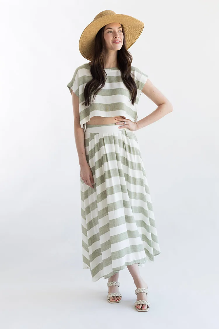 Green and White Linen Stripe Skirt