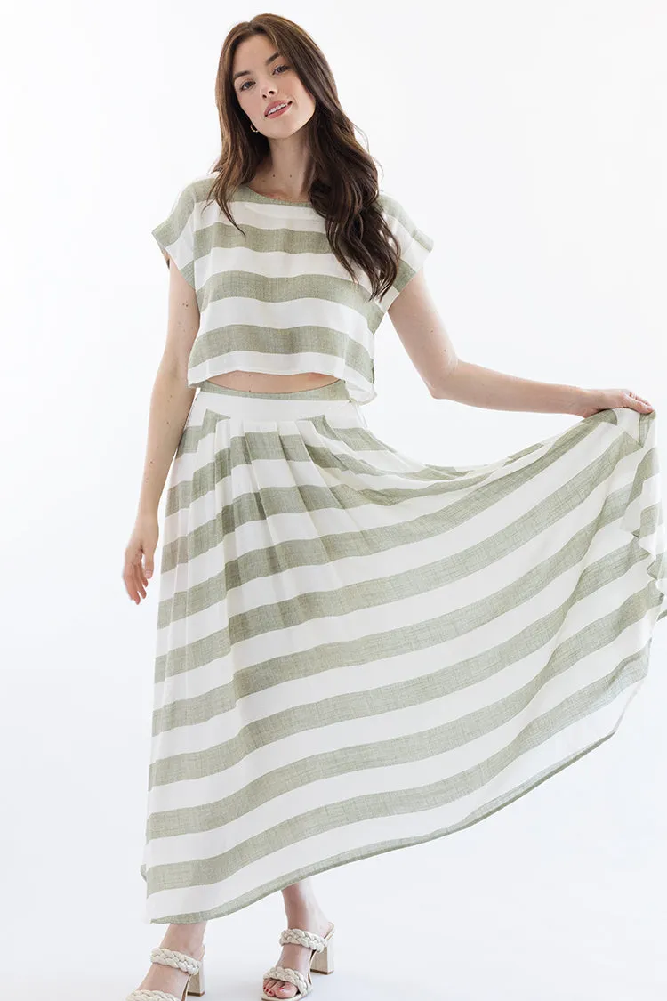 Green and White Linen Stripe Skirt