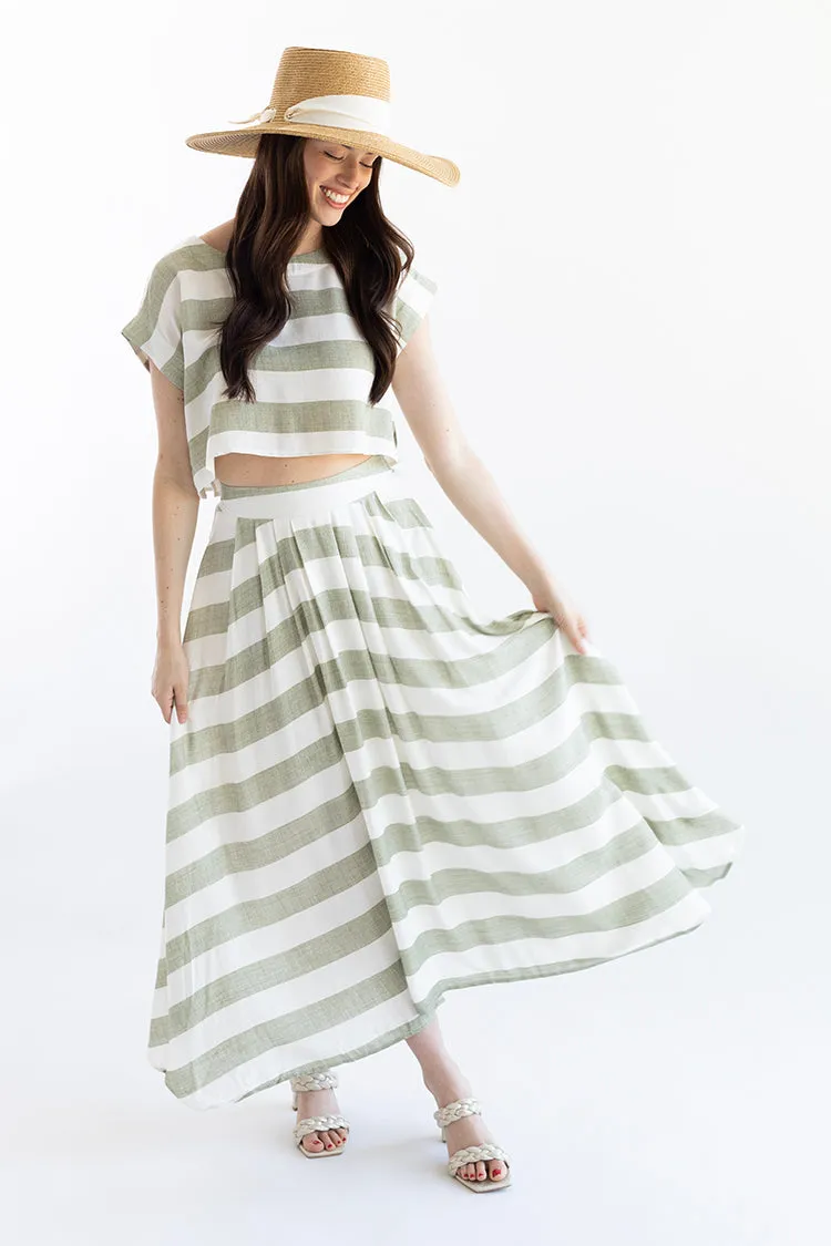 Green and White Linen Stripe Skirt