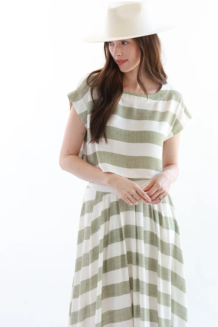 Green and White Linen Stripe Skirt