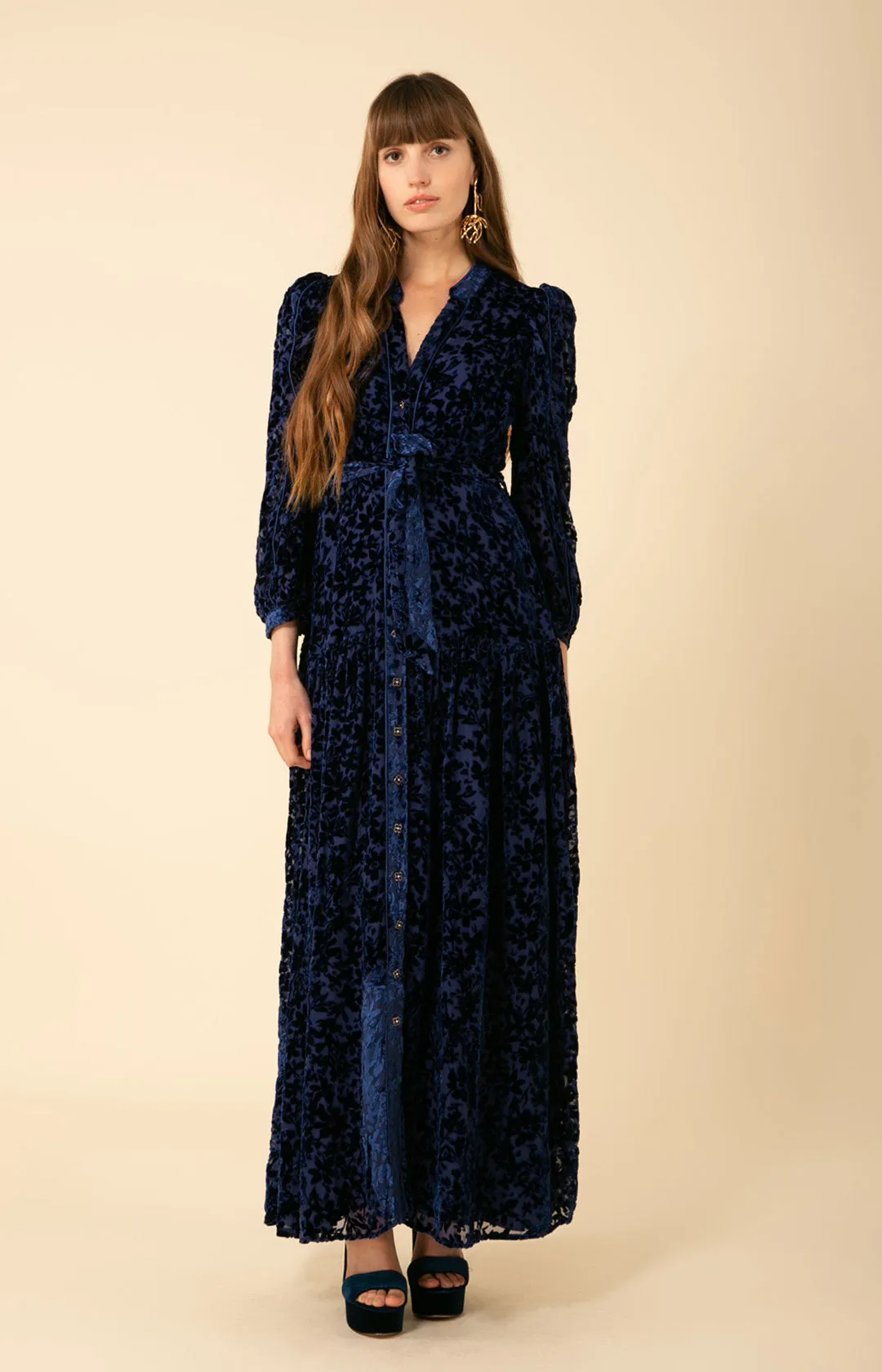 Heloise Solid Velvet Burnout Maxi Dress