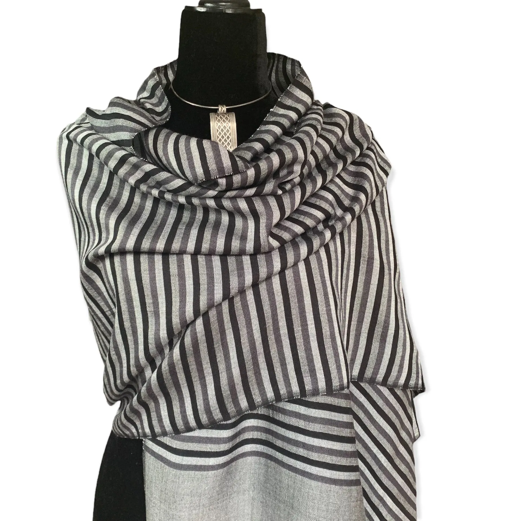 Horizontally Striped Handwoven Scarf - Shades of Gray