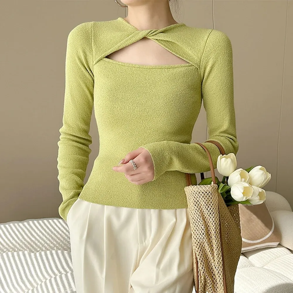 Knitting Hollow Out Sweater For Women V Neck Long Sleeve Solid Crisscross Autumn Sweaters Female Fashion Clothes