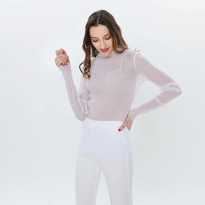 Long Sleeve Female T-shirt Transparent Sexy T-Shirts for Women Turtleneck Tops Underwear Korean Clothes Spring