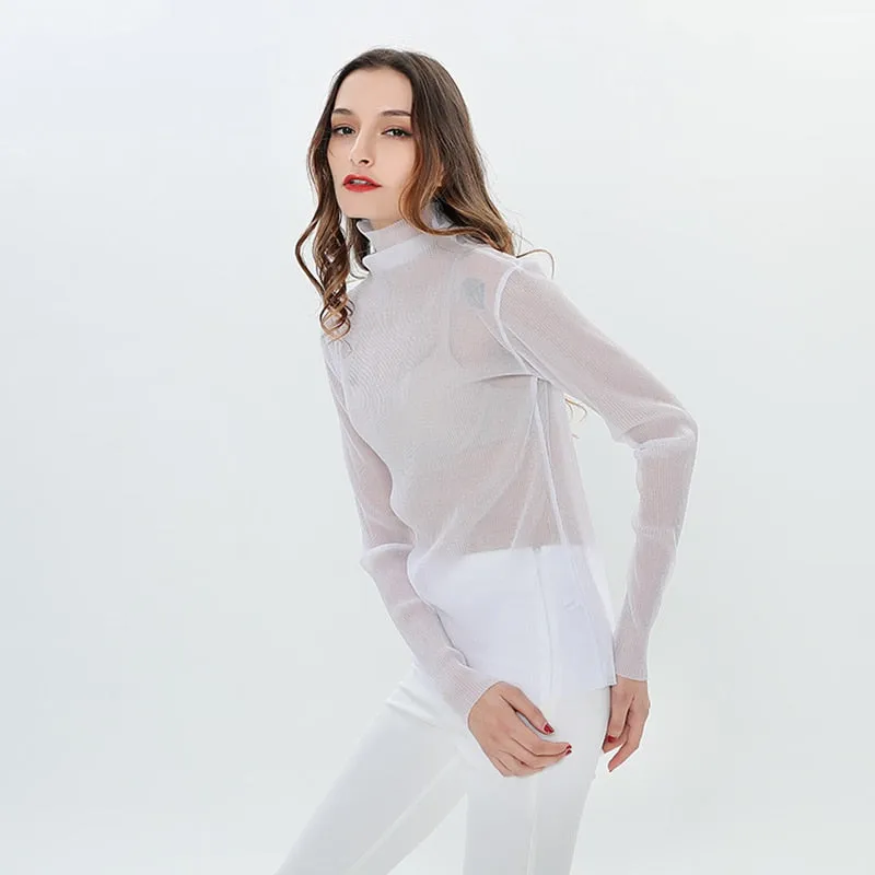 Long Sleeve Female T-shirt Transparent Sexy T-Shirts for Women Turtleneck Tops Underwear Korean Clothes Spring