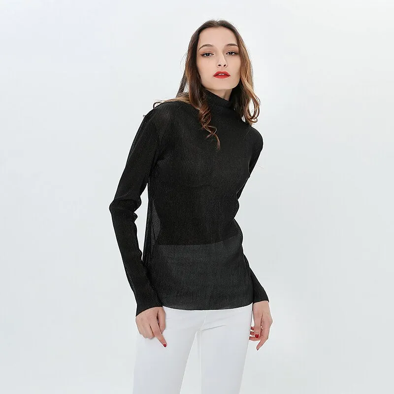 Long Sleeve Female T-shirt Transparent Sexy T-Shirts for Women Turtleneck Tops Underwear Korean Clothes Spring