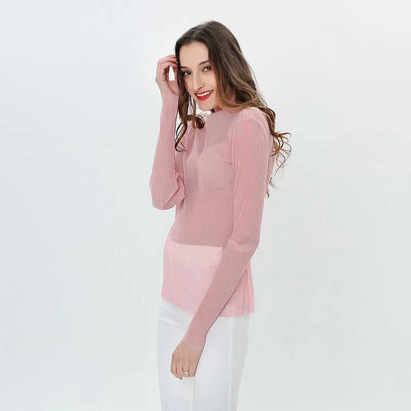 Long Sleeve Female T-shirt Transparent Sexy T-Shirts for Women Turtleneck Tops Underwear Korean Clothes Spring