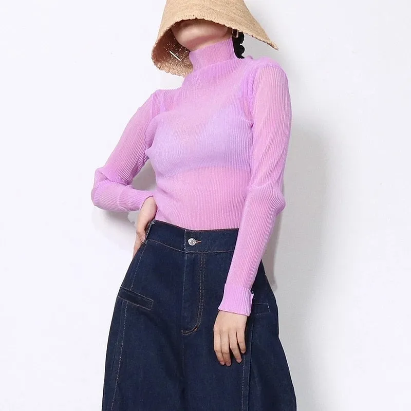 Long Sleeve Female T-shirt Transparent Sexy T-Shirts for Women Turtleneck Tops Underwear Korean Clothes Spring