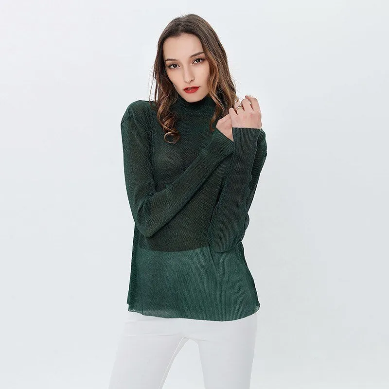 Long Sleeve Female T-shirt Transparent Sexy T-Shirts for Women Turtleneck Tops Underwear Korean Clothes Spring
