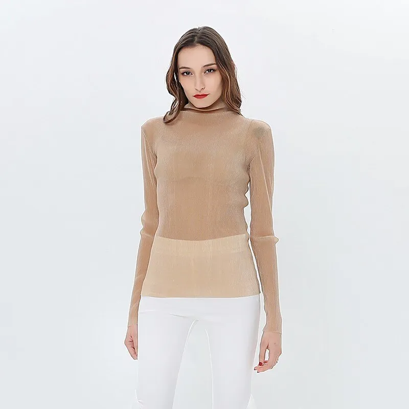 Long Sleeve Female T-shirt Transparent Sexy T-Shirts for Women Turtleneck Tops Underwear Korean Clothes Spring