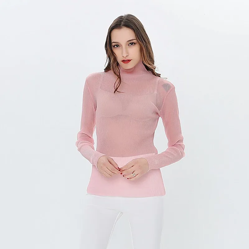 Long Sleeve Female T-shirt Transparent Sexy T-Shirts for Women Turtleneck Tops Underwear Korean Clothes Spring