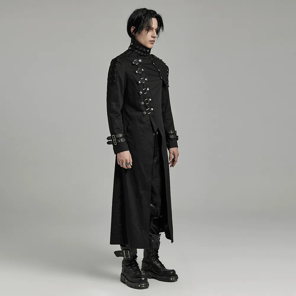 Men's Black Asymmetrical Trench Coat with Buckles