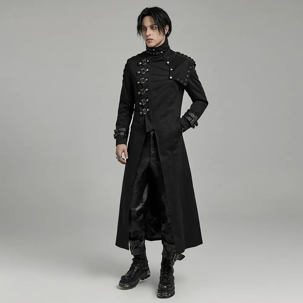 Men's Black Asymmetrical Trench Coat with Buckles