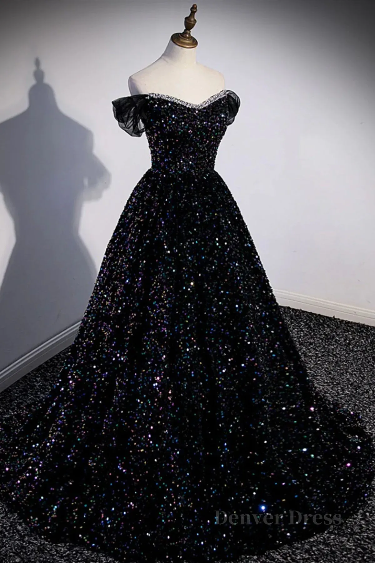 Off the Shoulder Black Sequin Prom Dresses Black Long Formal Evening Dresses